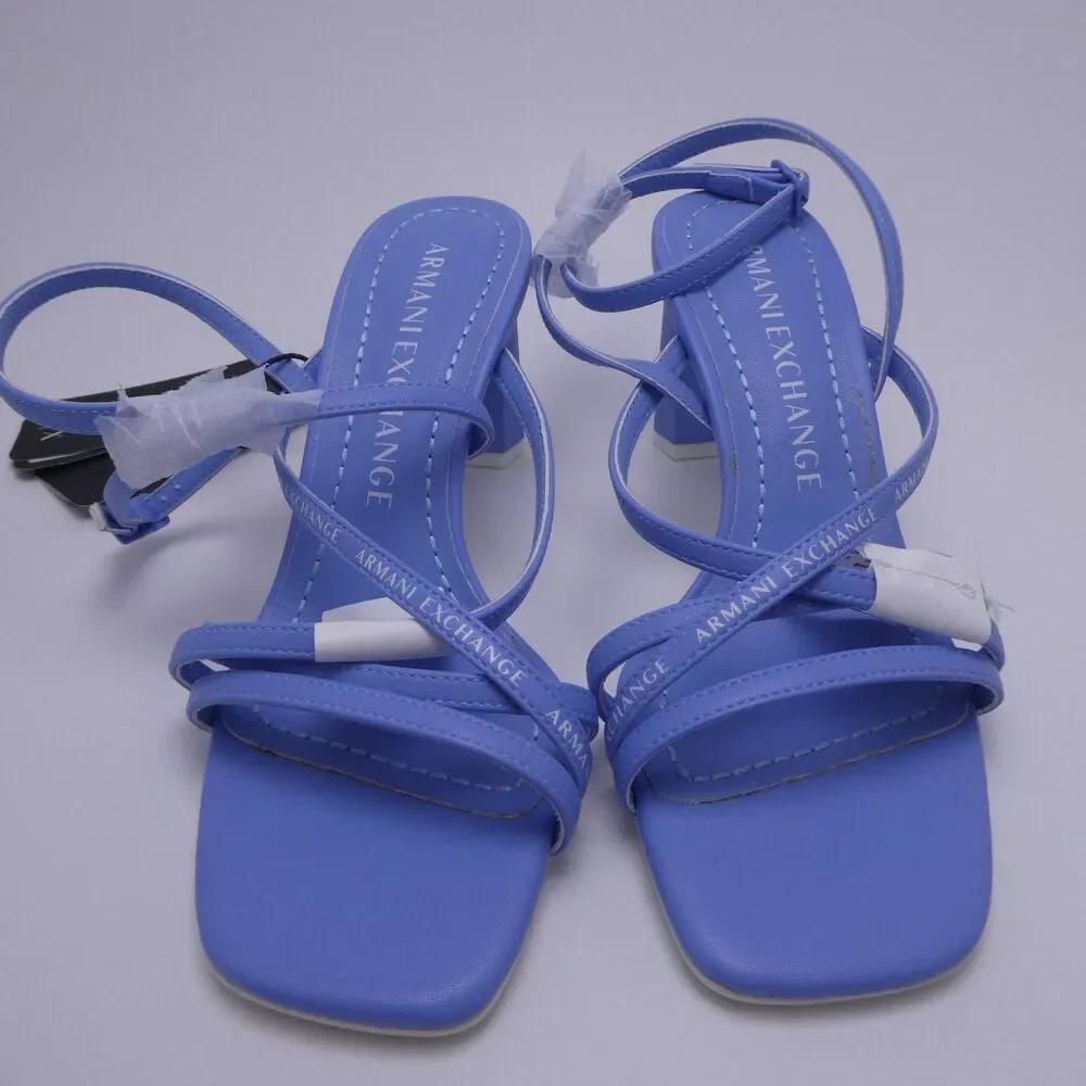 Armani Exchange Women's 6 Light Blue Leather Strappy Sandals Buckle Heel Square